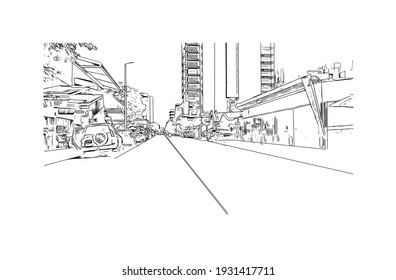 Building view with landmark of Darwin is the capital of Australia. Hand drawn sketch illustration in vector.