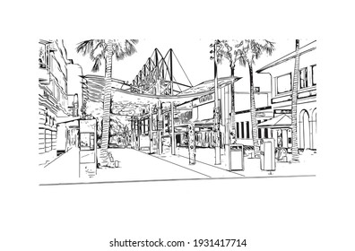 Building view with landmark of Darwin is the capital of Australia. Hand drawn sketch illustration in vector.