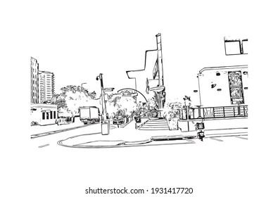 Building view with landmark of Darwin is the capital of Australia. Hand drawn sketch illustration in vector.