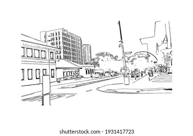 Building view with landmark of Darwin is the capital of Australia. Hand drawn sketch illustration in vector.