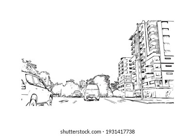 Building view with landmark of Darwin is the capital of Australia. Hand drawn sketch illustration in vector.