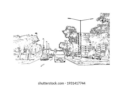 Building view with landmark of Darwin is the capital of Australia. Hand drawn sketch illustration in vector.