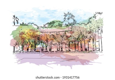 Building view with landmark of Darwin is the capital of Australia. Watercolour splash with hand drawn sketch illustration in vector.