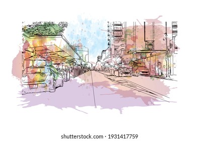 Building view with landmark of Darwin is the capital of Australia. Watercolour splash with hand drawn sketch illustration in vector.