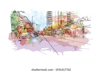 Building view with landmark of Darwin is the capital of Australia. Watercolour splash with hand drawn sketch illustration in vector.