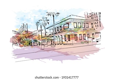 Building view with landmark of Darwin is the capital of Australia. Watercolour splash with hand drawn sketch illustration in vector.