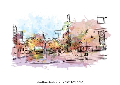 Building view with landmark of Darwin is the capital of Australia. Watercolour splash with hand drawn sketch illustration in vector.