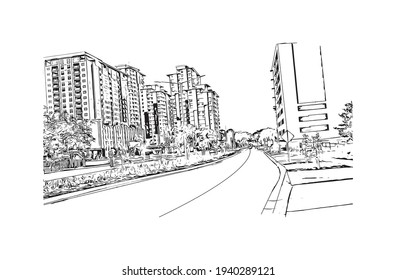 Building view with landmark of Darwin is the capital of Australia. Hand drawn sketch illustration in vector.