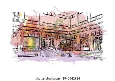 Building view with landmark of Datong is the 
city in China. Watercolour splash with hand drawn sketch illustration in vector.