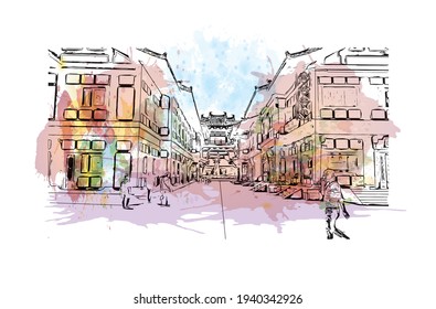 Building view with landmark of Datong is the 
city in China. Watercolour splash with hand drawn sketch illustration in vector.