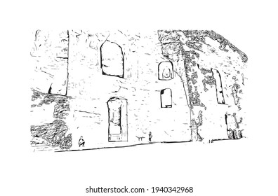Building view with landmark of Datong is the 
city in China. Hand drawn sketch illustration in vector.