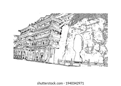 Building view with landmark of Datong is the 
city in China. Hand drawn sketch illustration in vector.
