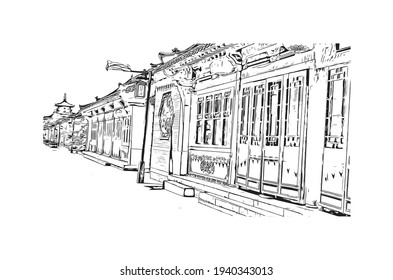 La vista de construcción con el punto de referencia de Datong es la 
ciudad de China. Dibujo a mano de ilustración de esbozo en vector.