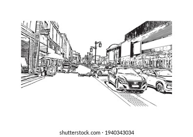 Building view with landmark of Datong is the 
city in China. Hand drawn sketch illustration in vector.