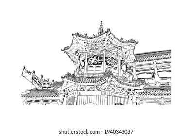 Building view with landmark of Datong is the 
city in China. Hand drawn sketch illustration in vector.