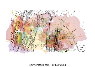 La vista de construcción con el punto de referencia de Datong es la 
ciudad de China. Salto de color de agua con ilustración de esbozo dibujada a mano en vector.