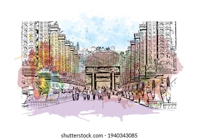 Building view with landmark of Datong is the 
city in China. Watercolour splash with hand drawn sketch illustration in vector.