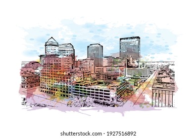 Die Stadt im Westen Ohios ist eine Stadt mit einem Wahrzeichen von Dayton. Aquarellspritzer mit handgezeichneter Skizzengrafik in Vektorgrafik.