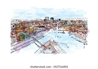 Building view with landmark of Dayton is a city in western Ohio. Watercolour splash with hand drawn sketch illustration in vector.