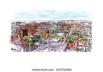 Building view with landmark of Dayton is a city in western Ohio. watercolour splash with hand drawn sketch illustration in vector.