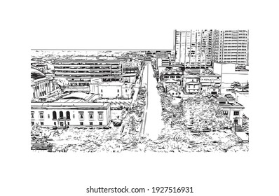 Building view with landmark of Dayton is a city in western Ohio. Hand drawn sketch illustration in vector.