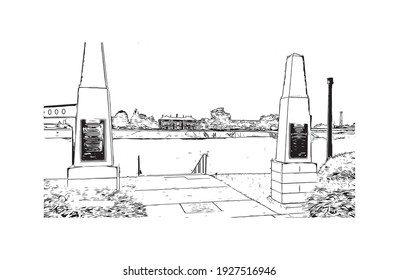 Building view with landmark of Dayton is a city in western Ohio. Hand drawn sketch illustration in vector.