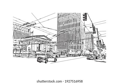 Building view with landmark of Dayton is a city in western Ohio. Hand drawn sketch illustration in vector.