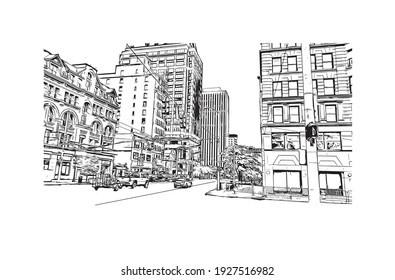 Building view with landmark of Dayton is a city in western Ohio. Hand drawn sketch illustration in vector.