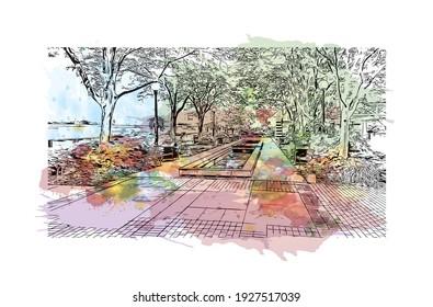 Building view with landmark of Dayton is a city in western Ohio. Watercolour splash with hand drawn sketch illustration in vector.