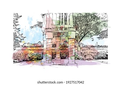 Building view with landmark of Dayton is a city in western Ohio. Watercolour splash with hand drawn sketch illustration in vector.