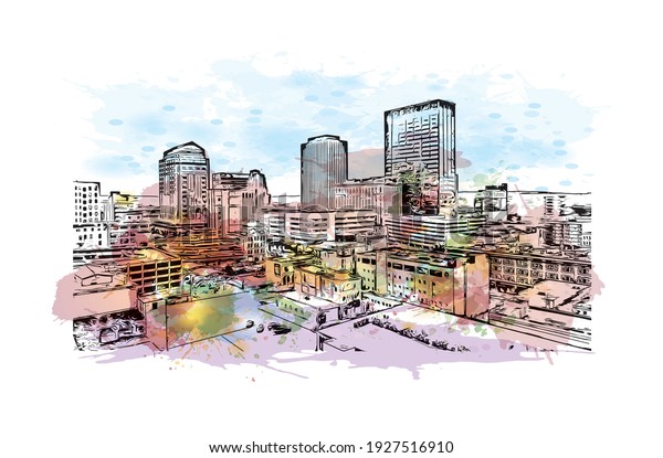 Building view with landmark of Dayton is a city\
in western Ohio. Watercolour splash with hand drawn sketch\
illustration in\
vector.
