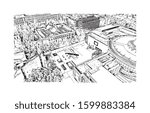 Building view with landmark of Debrecen is the capital of Hungary’s Northern Great Plain region. Hand drawn sketch illustration in vector.