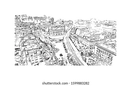 Building view with landmark of Debrecen is the capital of Hungary’s Northern Great Plain region. Hand drawn sketch illustration in vector.