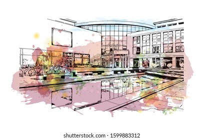Building view with landmark of Debrecen is the capital of Hungary’s Northern Great Plain region. Watercolor splash with Hand drawn sketch illustration in vector.