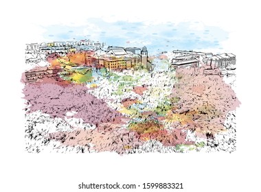 Building view with landmark of Debrecen is the capital of Hungary’s Northern Great Plain region. Watercolor splash with Hand drawn sketch illustration in vector.