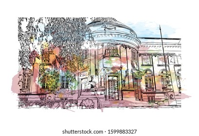 Building view with landmark of Debrecen is the capital of Hungary’s Northern Great Plain region. Watercolor splash with Hand drawn sketch illustration in vector.