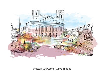 Building view with landmark of Debrecen is the capital of Hungary’s Northern Great Plain region. Watercolor splash with Hand drawn sketch illustration in vector.