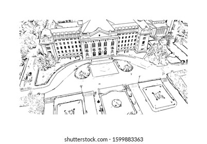 Building view with landmark of Debrecen is the capital of Hungary’s Northern Great Plain region. Hand drawn sketch illustration in vector.