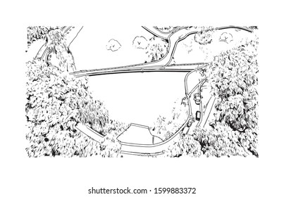 Building view with landmark of Debrecen is the capital of Hungary’s Northern Great Plain region. Hand drawn sketch illustration in vector.
