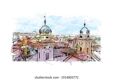 Building view with landmark of Debrecen is the
city in Hungary. Watercolor splash with hand drawn sketch illustration in vector.