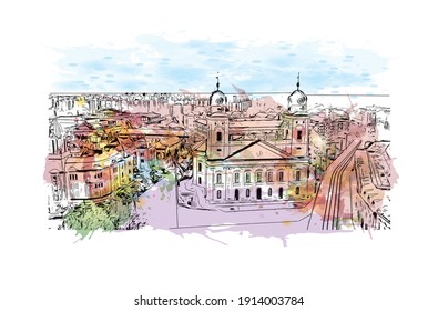 Building view with landmark of Debrecen is the
city in Hungary. Watercolor splash with hand drawn sketch illustration in vector.