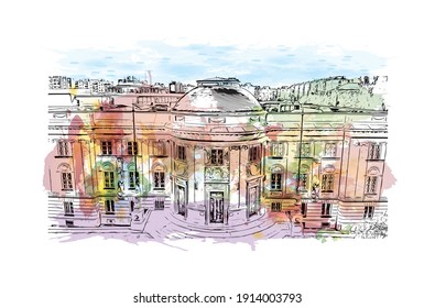 Building view with landmark of Debrecen is the
city in Hungary. Watercolor splash with hand drawn sketch illustration in vector.