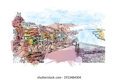 Building view with landmark of Dehradun is the
city in India. Watercolor splash with hand drawn sketch illustration in vector.