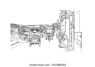 Building view with landmark of Dehradun is the
city in India. Hand drawn sketch illustration in vector.