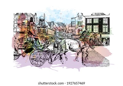 Building view with landmark of Delft is the
city in the Netherlands. Watercolour splash with hand drawn sketch illustration in vector.