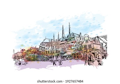 Building view with landmark of Delft is the
city in the Netherlands. Watercolour splash with hand drawn sketch illustration in vector.