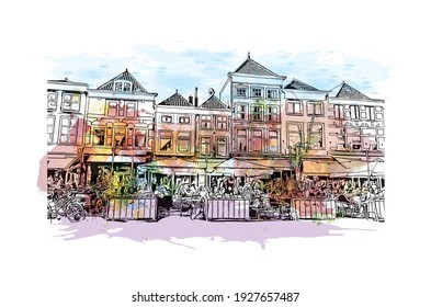 Building view with landmark of Delft is the
city in the Netherlands. Watercolour splash with hand drawn sketch illustration in vector.