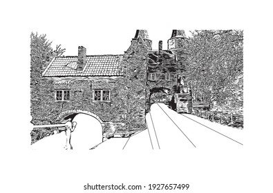Building view with landmark of Delft is the
city in the Netherlands. Hand drawn sketch illustration in vector.