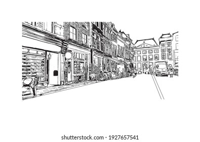 Building view with landmark of Delft is the
city in the Netherlands. Hand drawn sketch illustration in vector.