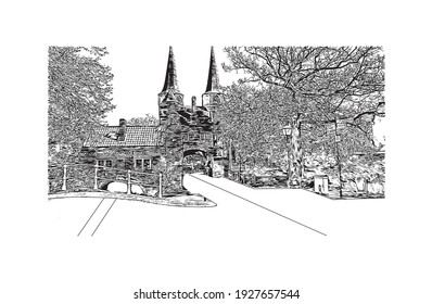 Building view with landmark of Delft is the
city in the Netherlands. Hand drawn sketch illustration in vector.